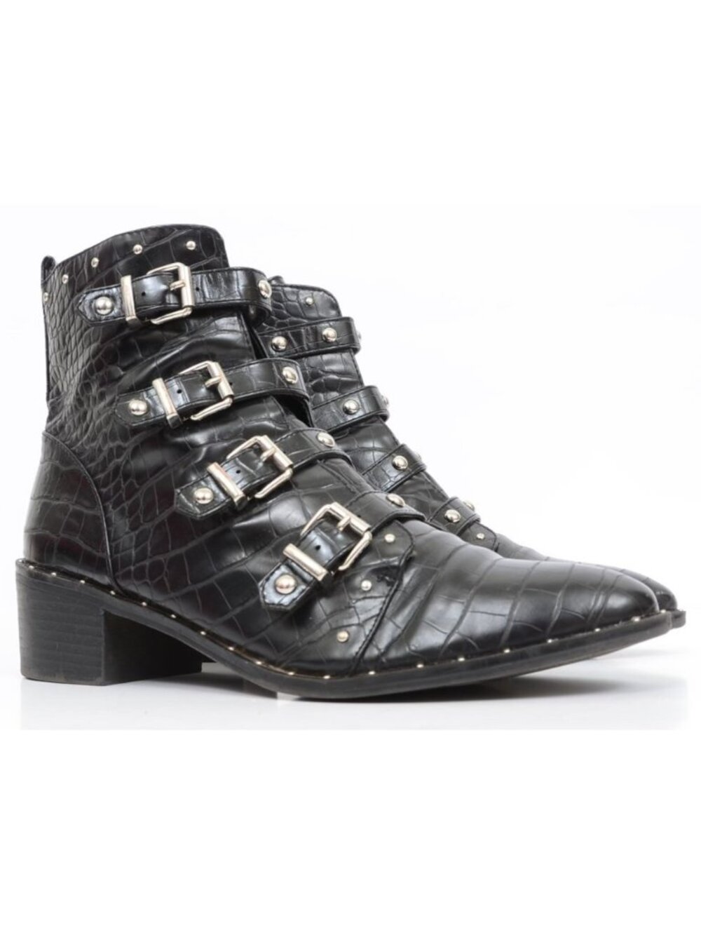 Fergalicious Haven Womens 8.5 Silver Buckle Booties Black Rocker Chic Moto Boot